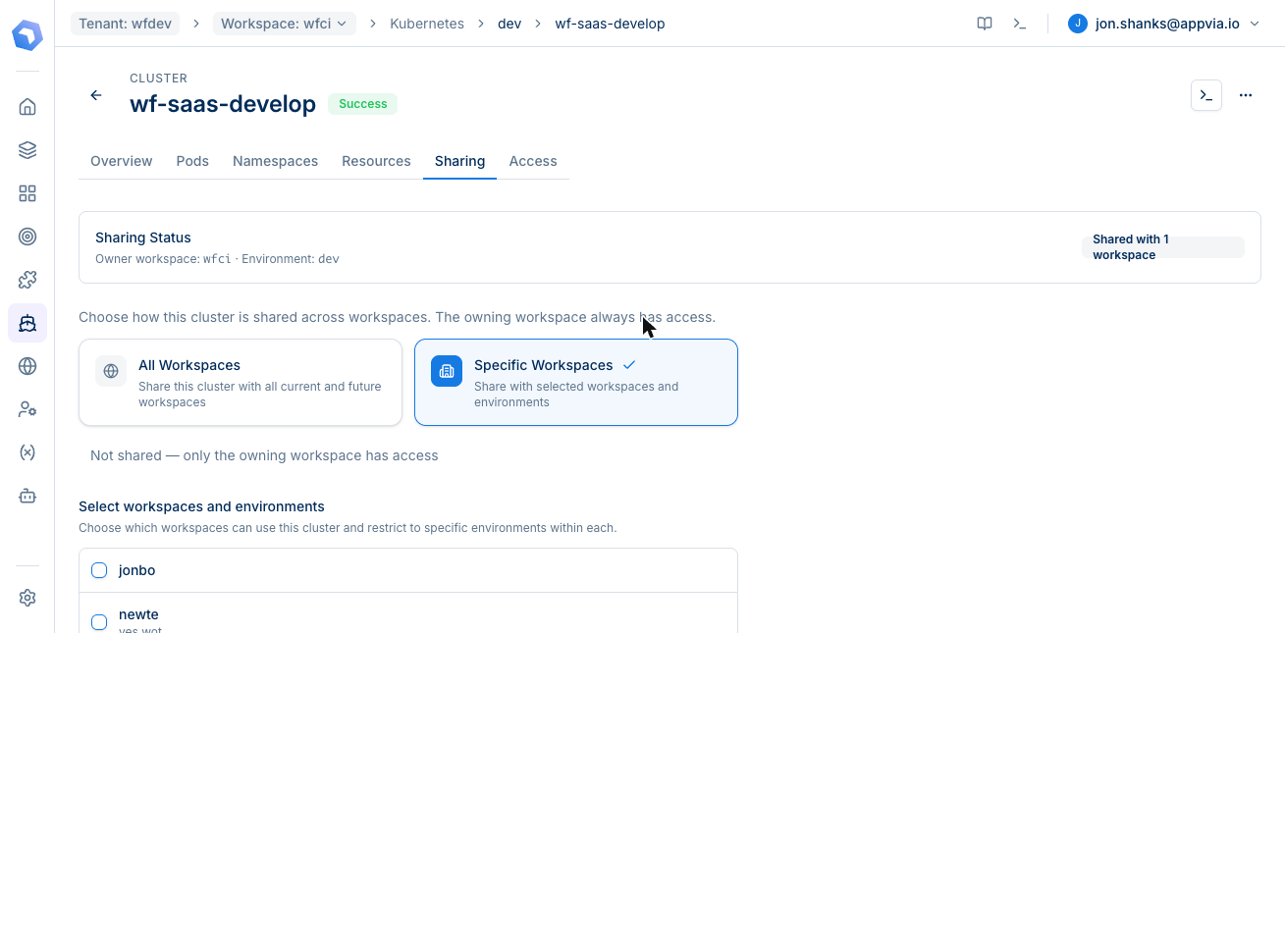 Cluster Sharing tab: owner workspace wfci, env dev. Two share-mode tiles (All Workspaces vs Specific Workspaces) with Specific selected, and a workspace list showing mark checked with All environments badge.